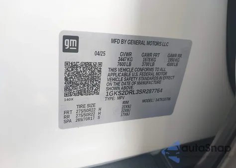 2025 GMC Yukon 4Wd Denali z USA, uszkodzony, nr VIN 1GKS2DRL3SR287764